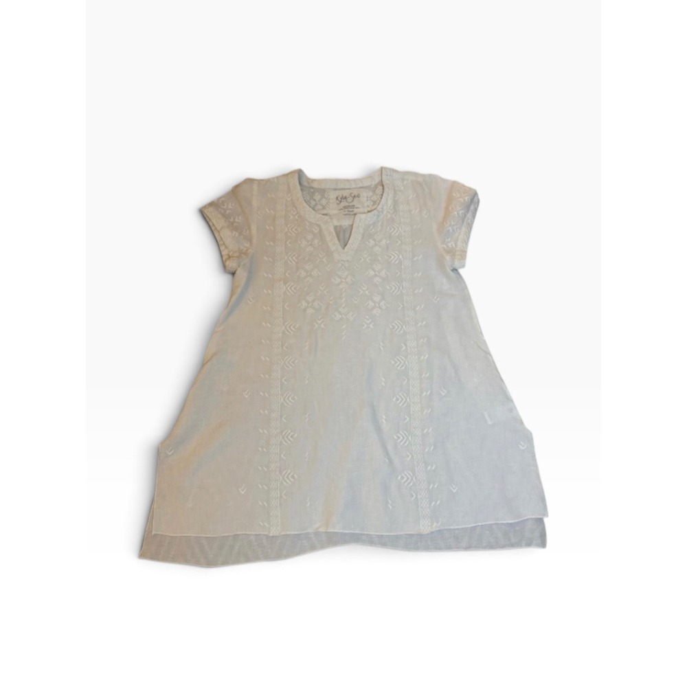 Kyla Seo White‎ 100% Linen Embroidered Tunic Top V-Neck Cap Sleeve XS